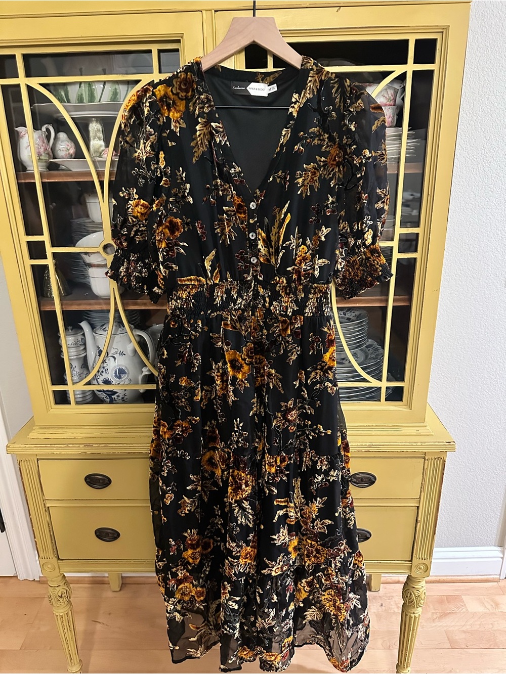 Black Velvet Floral Midi Dress with Mustard Accents Women's V-Neck Tiered Dress